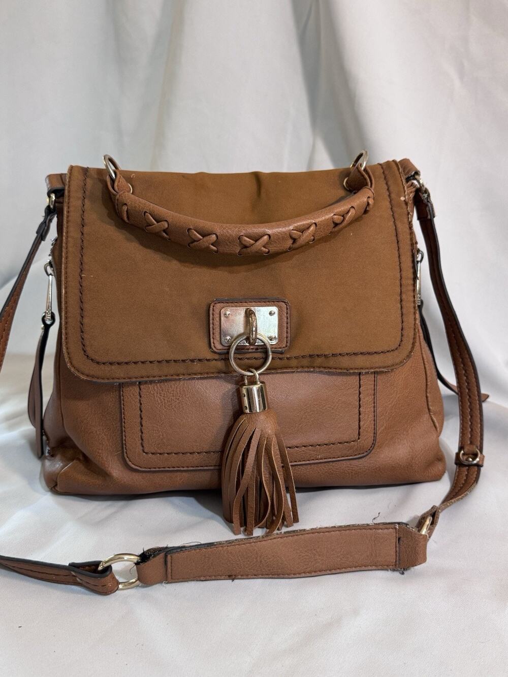 Aldo Faux Leather Cross Body Messenger Bag Flap Over Saddle Bag Tan